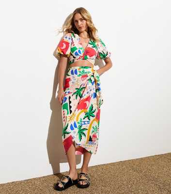 Multicoloured Palm Print Tie Side Sarong Midi Skirt