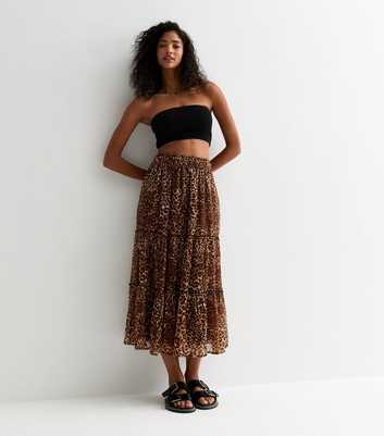 Brown Cotton Animal Print Tiered Midi Skirt
