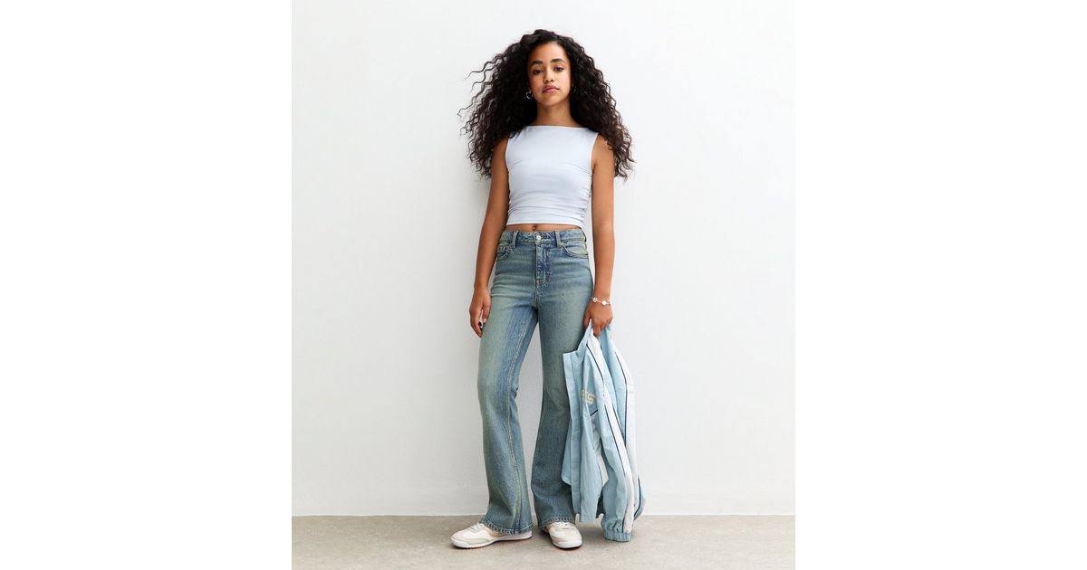 Girls Blue Mid Rise Flared Jeans New Look