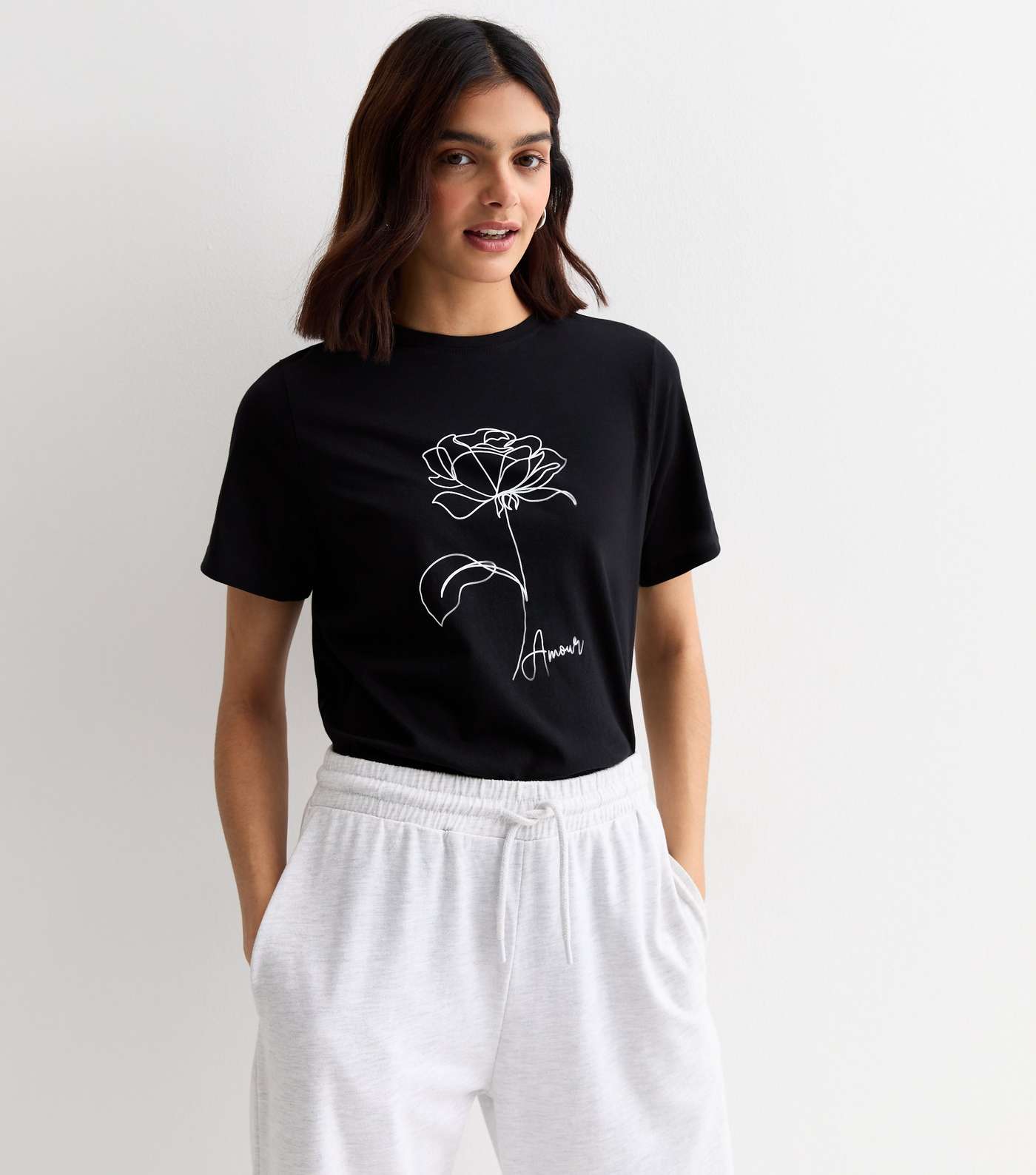 Black Amour Flower Print Cotton T-Shirt Image 2