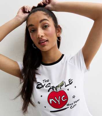 Girls White NYC Big Apple Print Ringer T-Shirt