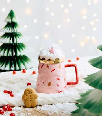 Pink Christmas Snow Globe Ceramic Mug With Lid