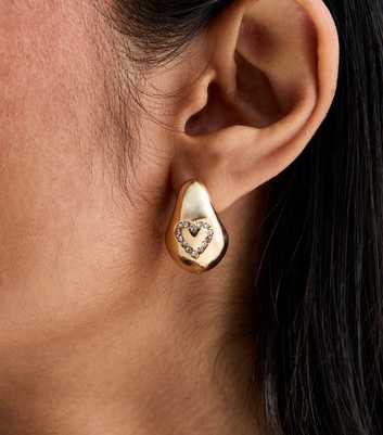 Gold Diamanté Heart Teardrop Stud Earrings