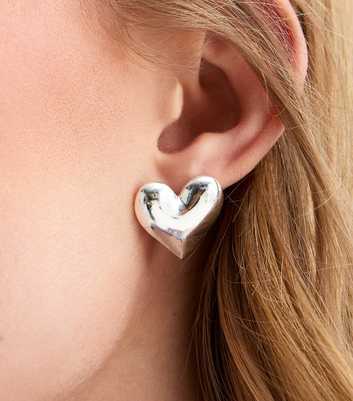Silver Large Curved Heart Stud Earrings
