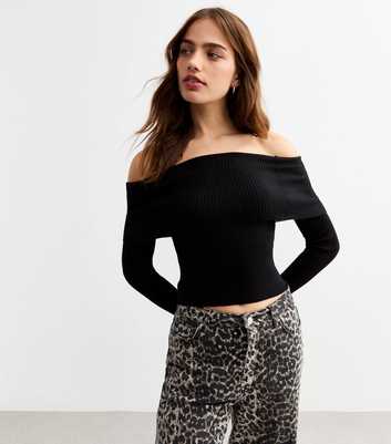 Black Rib Knit Foldover Bardot Jumper 