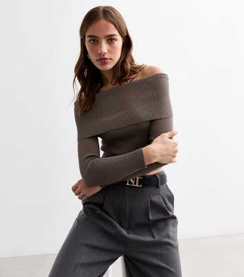 Brown Rib Knit Foldover Bardot Jumper 