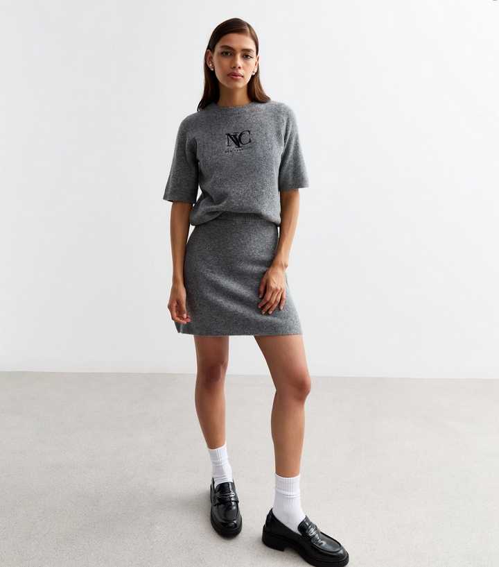 Grey A-Line Knit Mini Skirt