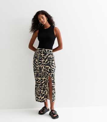 ONLY Black Patterned Linen-Blend Midi Skirt 