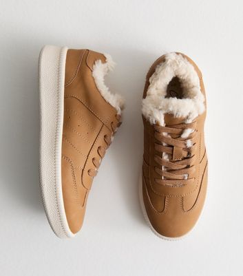 Tan Faux Fur Lined Lace Up Sneakers New Look