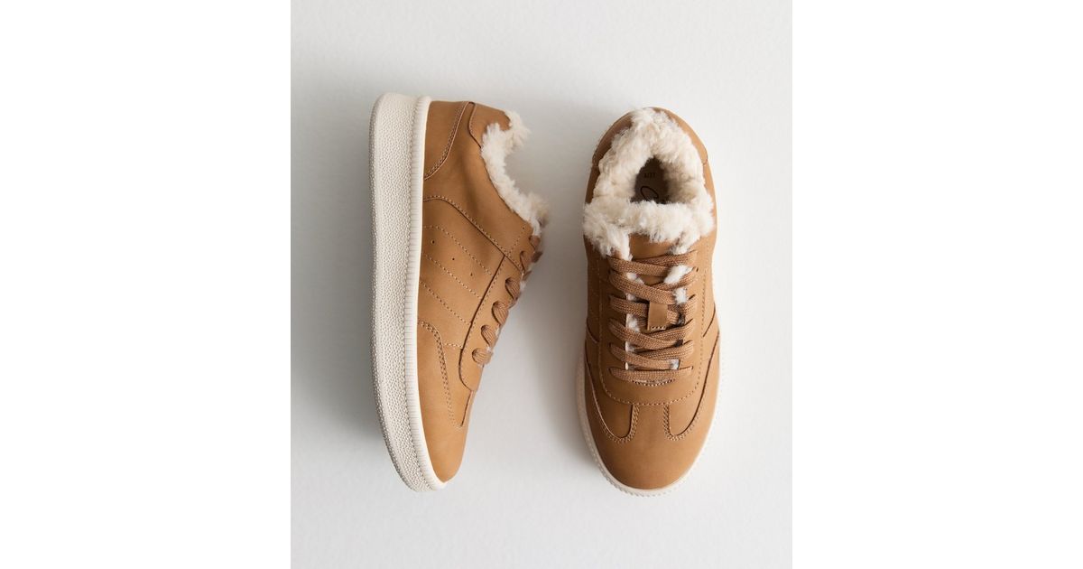 Tan Faux Fur Lined Lace Up Sneakers New Look