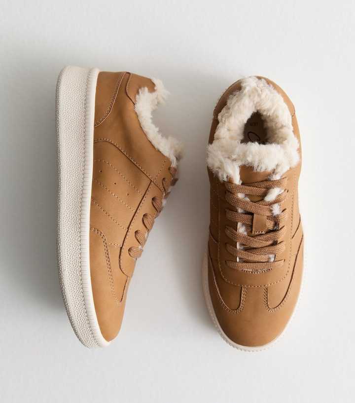 Tan Faux Fur Lined Lace Up Sneakers