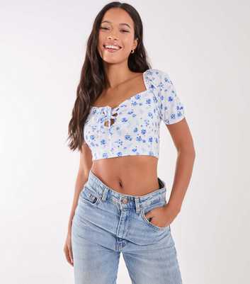 Pink Vanilla Blue Floral Puff Sleeve Crop Top