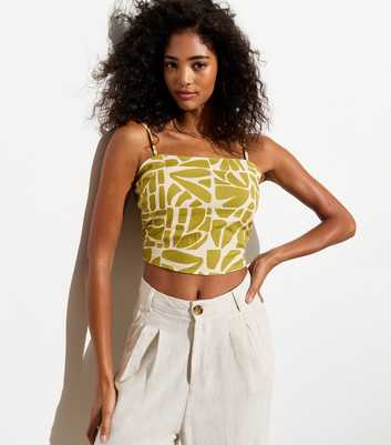 ONLY Light Green Linen-Blend Abstract Print Cropped Cami