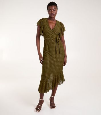 Blue Vanilla Khaki Lace Wrap Midi Dress New Look
