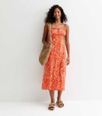 ONLY Orange Leaf-Print Midi Dress