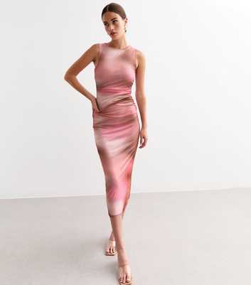 Pink Ombre Mesh Overlay Ruched Midi Dress