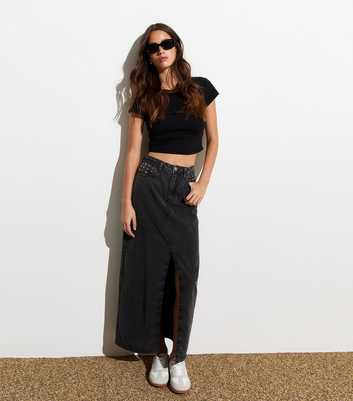 ONLY Black Slit Studded Denim Maxi Skirt