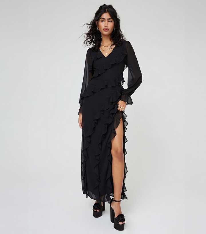 Wrap Dress Long Sleeve Black Ruffle Dress Pretty Lavish Curve Long