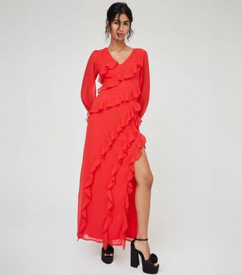 WKNDGIRL Red Long Sleeve Ruffle Split Hem Maxi Dress New Look