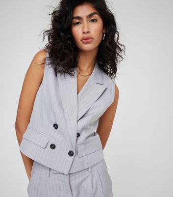 WKNDGIRL Grey Pinstripe Double Breasted Waistcoat New Look