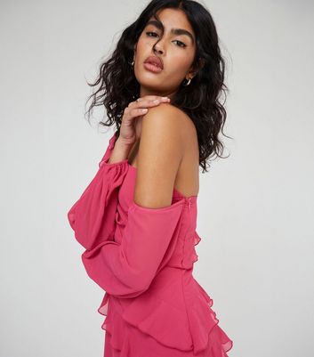 WKNDGIRL Pink One Shoulder Ruffle Maxi Dress New Look