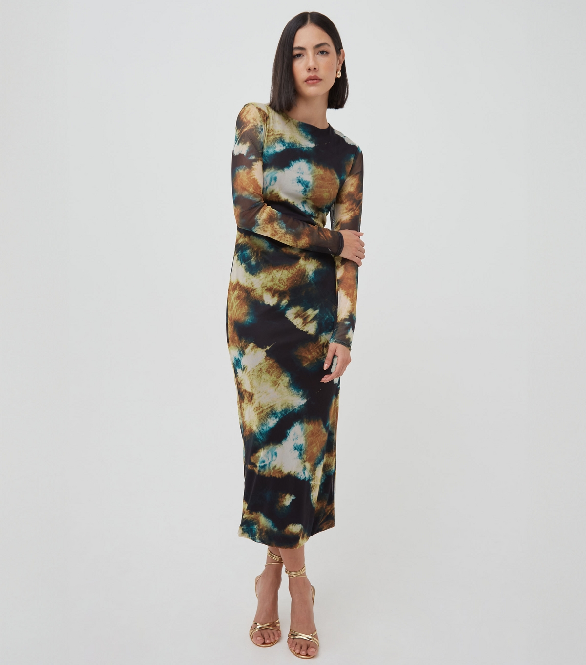 Women's Black Abstract Print Mesh Long Sleeve Midi Dress WKNDGIRL New Look