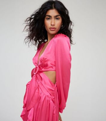 WKNDGIRL Pink Satin Plunge Cut Out Maxi Dress New Look