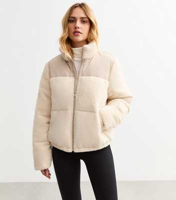 Cream Borg Panelled Puffer Jacket