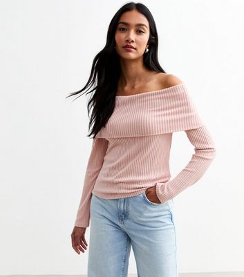 Pink Ribbed Bardot Jumper New Look