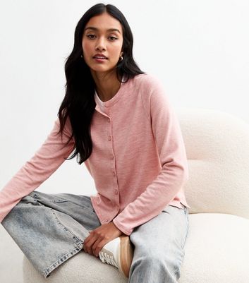 Pink crew neck cardigan best sale