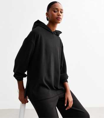 Black Ribbed Long Sleeve Hooded Top