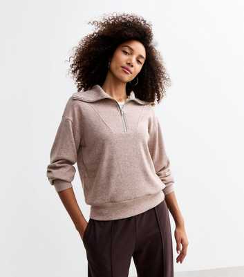 Brown Rib Soft Touch Oversized Half Zip Jumper 