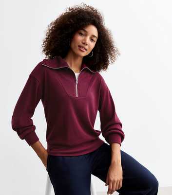 Burgundy Rib Soft Touch Oversized Half Zip Jumper 