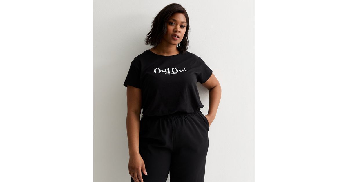 Curves Black Oui Oui Slogan Cotton T-Shirt | New Look