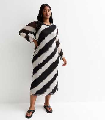Curves Black Diagonal Stripe Mesh Midi Dress