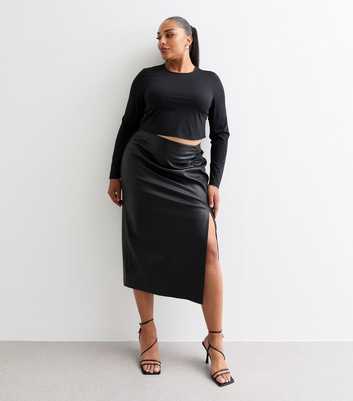 Curves Black Ruched Leather-Look Midi Skirt