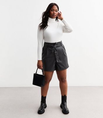 Curves Black Tie Waist Faux Leather Shorts New Look