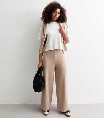 Cream Soft Touch Rib Wide Leg Trousers