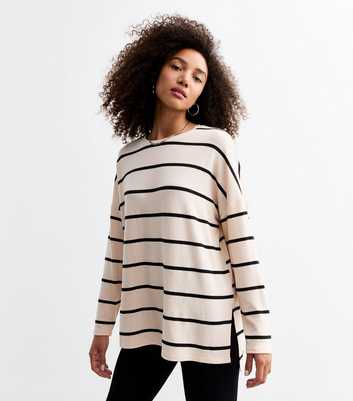 Off White Soft Touch Striped Side Slit Long Sleeve Top