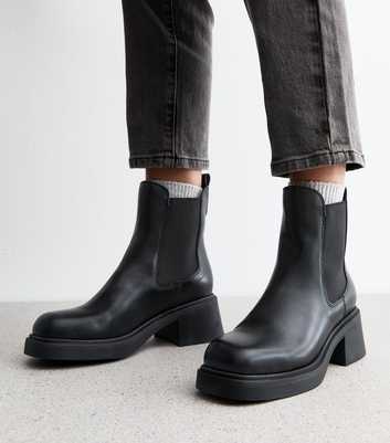 Black Leather-Look Chunky Ankle Boots