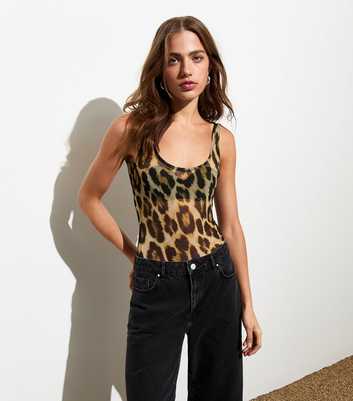 Brown Mesh Leopard Print Thong Bodysuit 