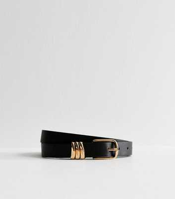 Black Triple Keeper Leather Look Skinny Belt