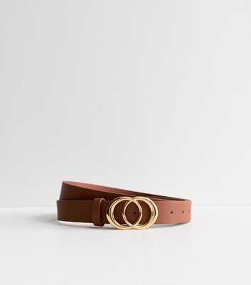 Tan Leather-Look Curved Buckle Belt