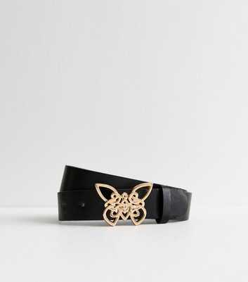 Black Leather-Look Butterfly Buckle Belt