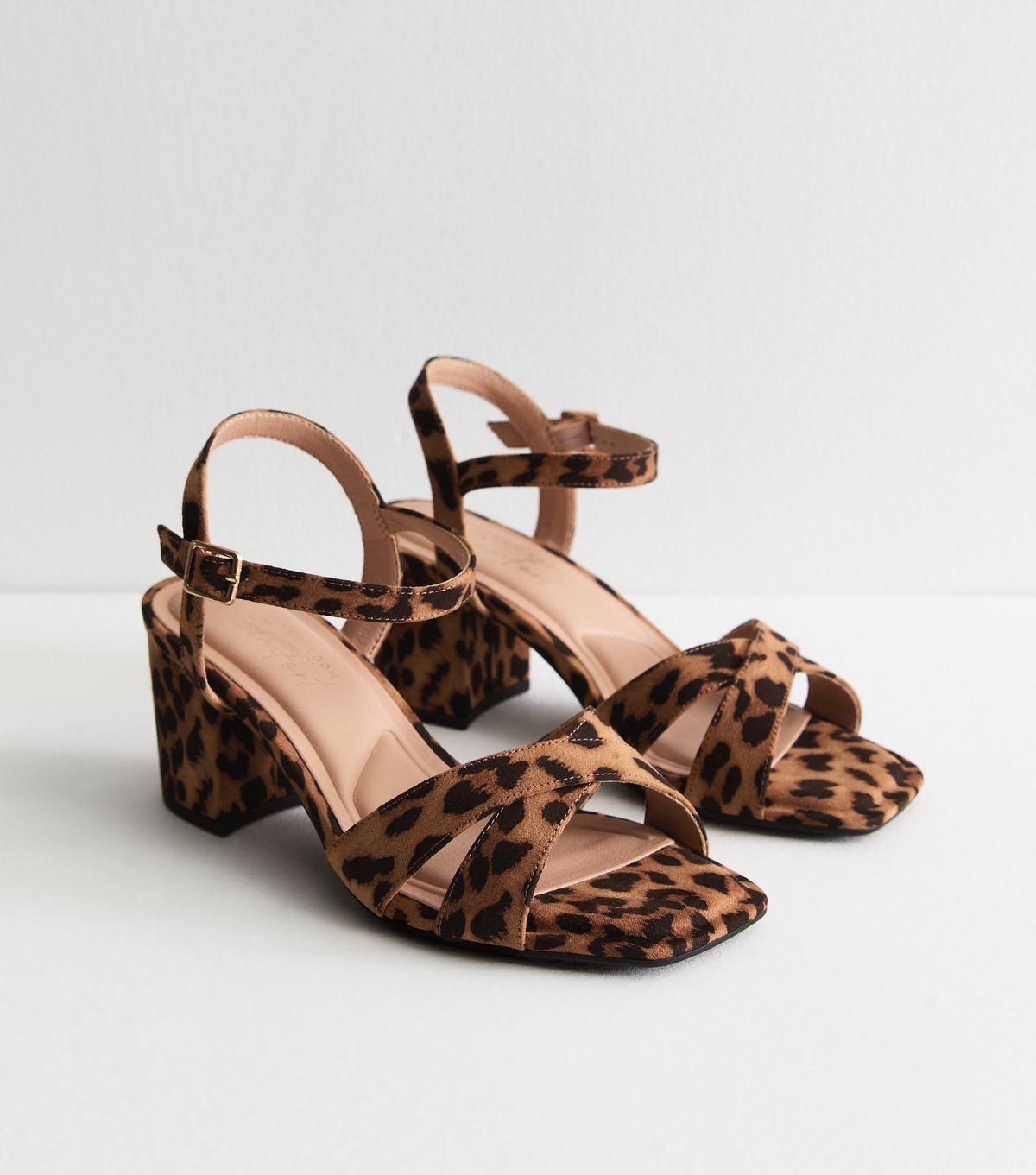 Women's Wide Fit Stone Leopard-Print Block-Heel Sandals Vegan New Look