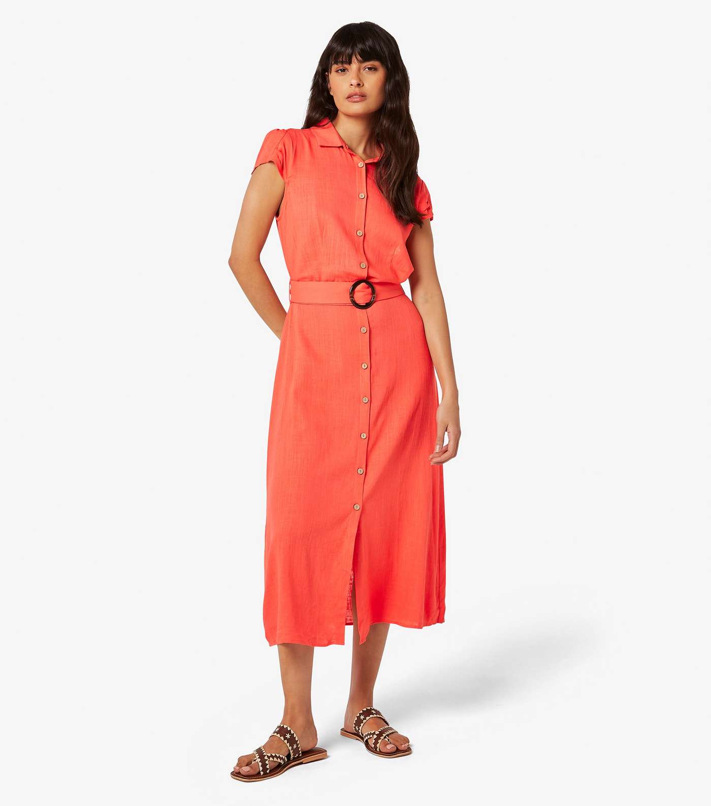 Apricot Red Short Sleeve Midi Shirt Dress