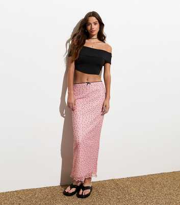 Pink Mesh Spot Print Midi Skirt
