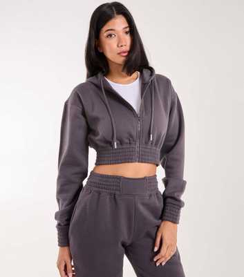 Pink Vanilla Dark Grey Cotton-Blend Zip Up Crop Hoodie