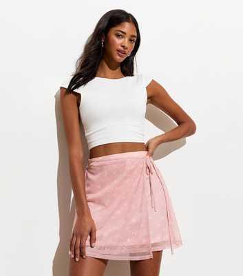 Pink Bow-Print Mesh Mini Skirt
