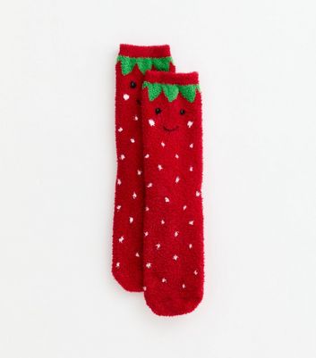 Red Chenille Strawberry Cosy Socks | New Look